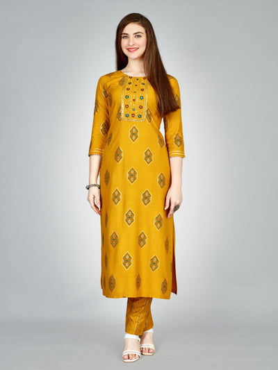 Odette Yellow Embroidered Rayon Stitched Kurta Set For Women