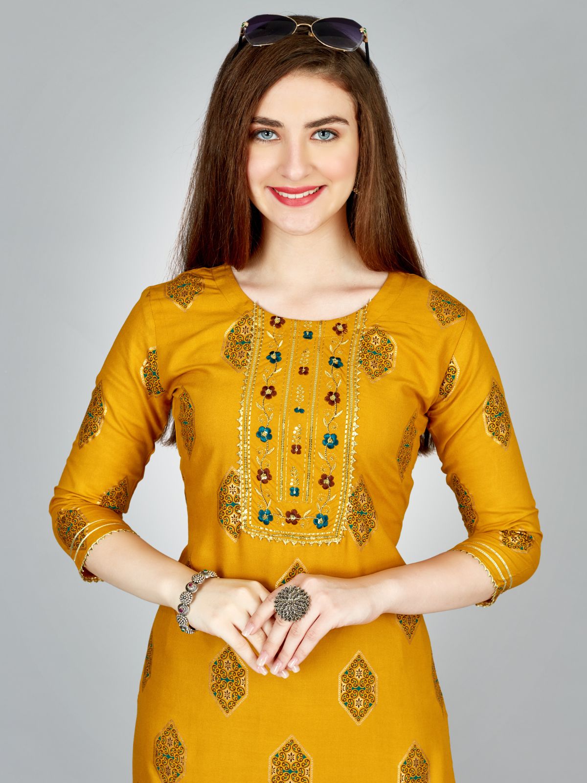 Odette Yellow Embroidered Rayon Stitched Kurta Set For Women