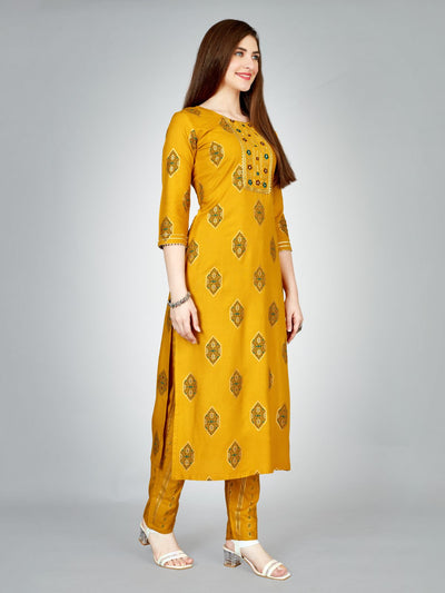 Odette Yellow Embroidered Rayon Stitched Kurta Set For Women