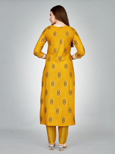 Odette Yellow Embroidered Rayon Stitched Kurta Set For Women