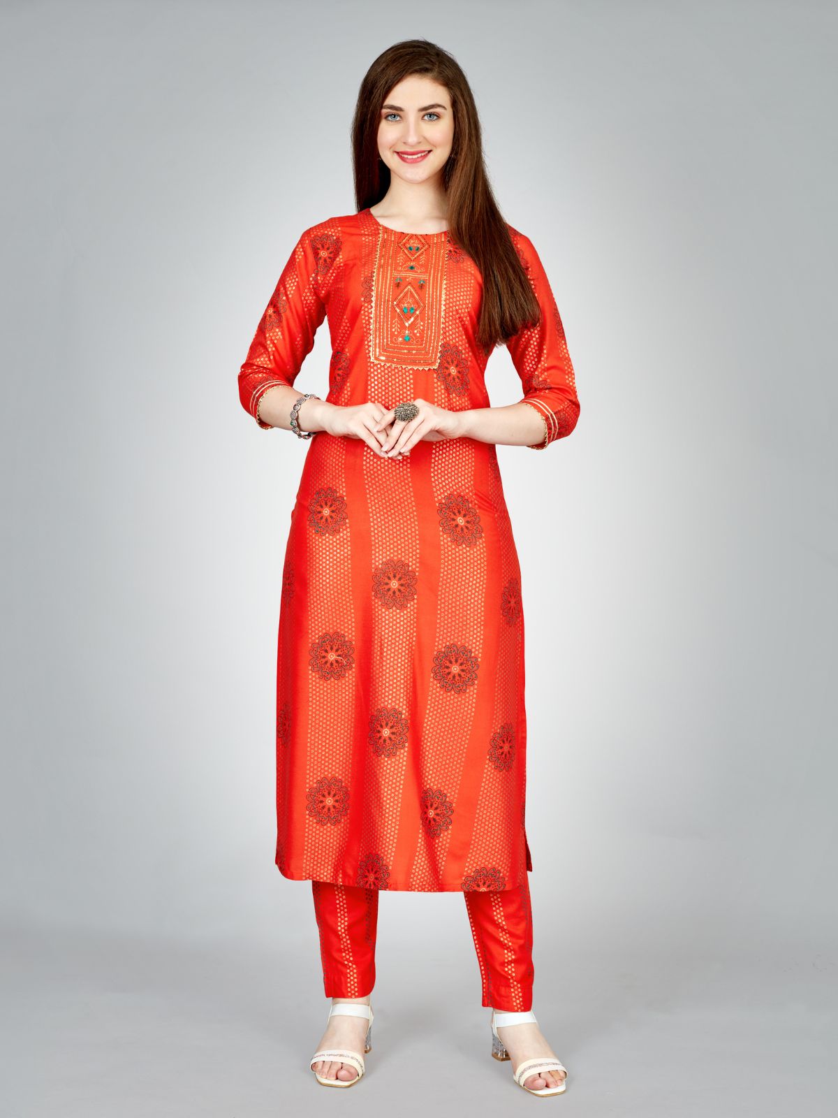 Odette Orange Embroidered Rayon Stitched Kurta Set For Women