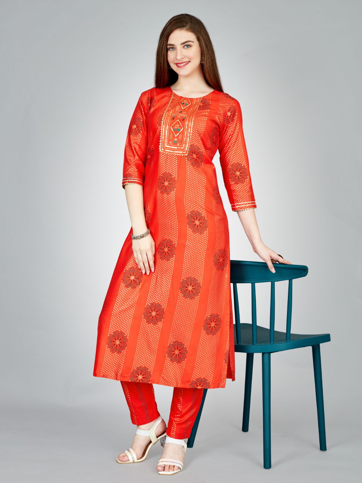 Odette Orange Embroidered Rayon Stitched Kurta Set For Women