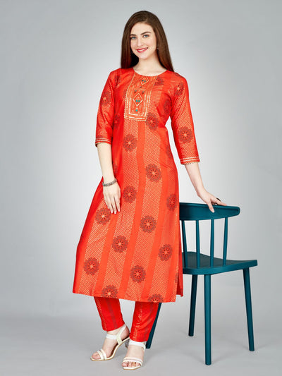 Odette Orange Embroidered Rayon Stitched Kurta Set For Women