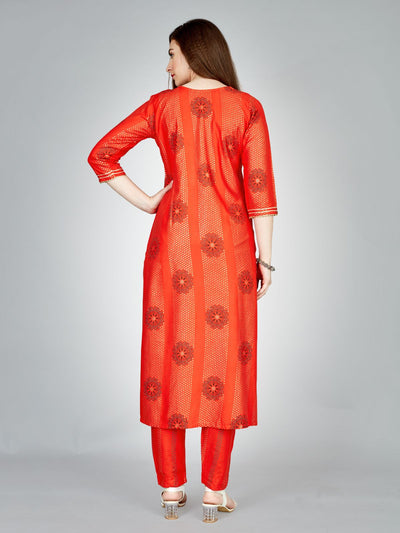 Odette Orange Embroidered Rayon Stitched Kurta Set For Women