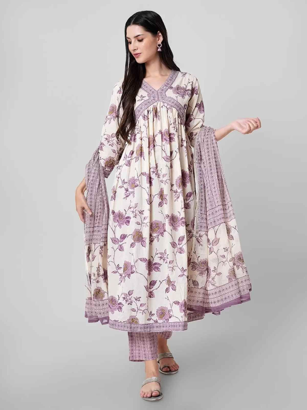 Odette Lavender Printed Cotton Stitched Kurta Set For Women