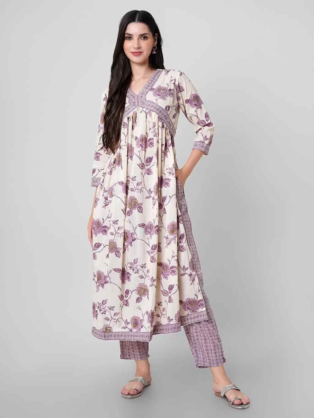 Odette Lavender Printed Cotton Stitched Kurta Set For Women