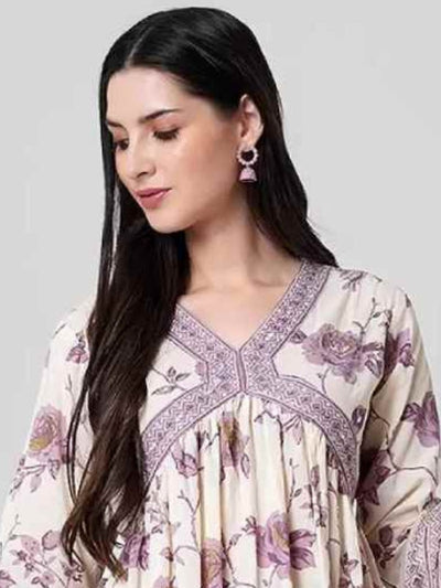 Odette Lavender Printed Cotton Stitched Kurta Set For Women