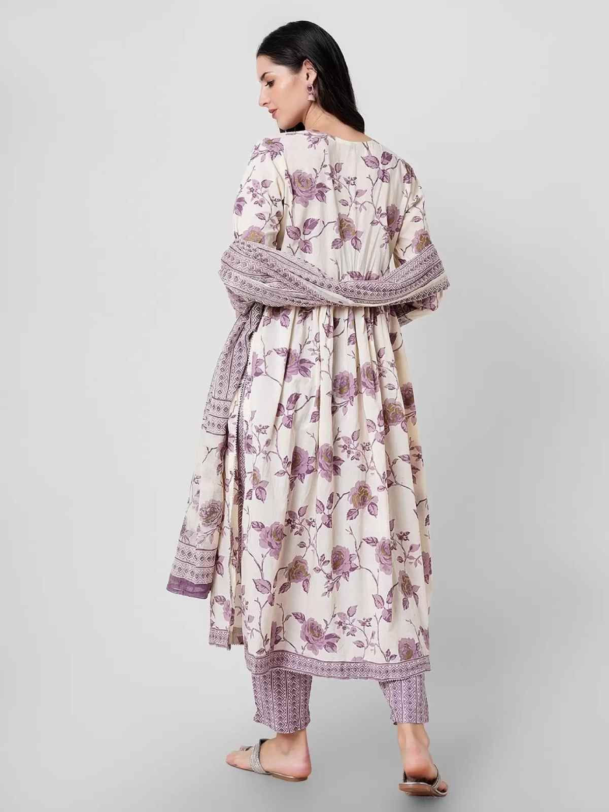 Odette Lavender Printed Cotton Stitched Kurta Set For Women