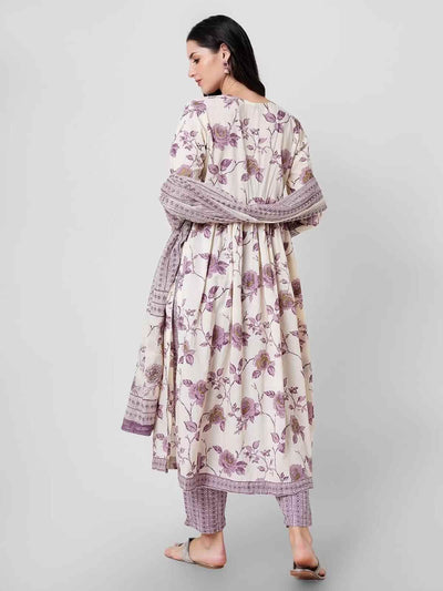 Odette Lavender Printed Cotton Stitched Kurta Set For Women