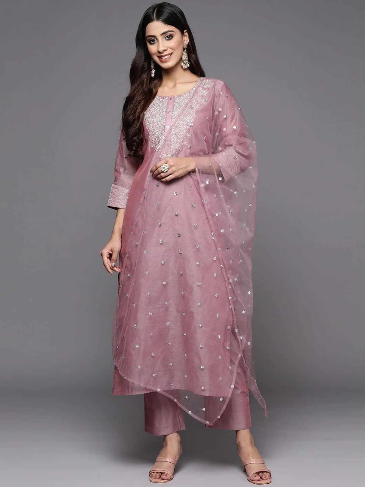 Odette Mauve Embroidered Poly Silk Stitched Kurta Set For Women