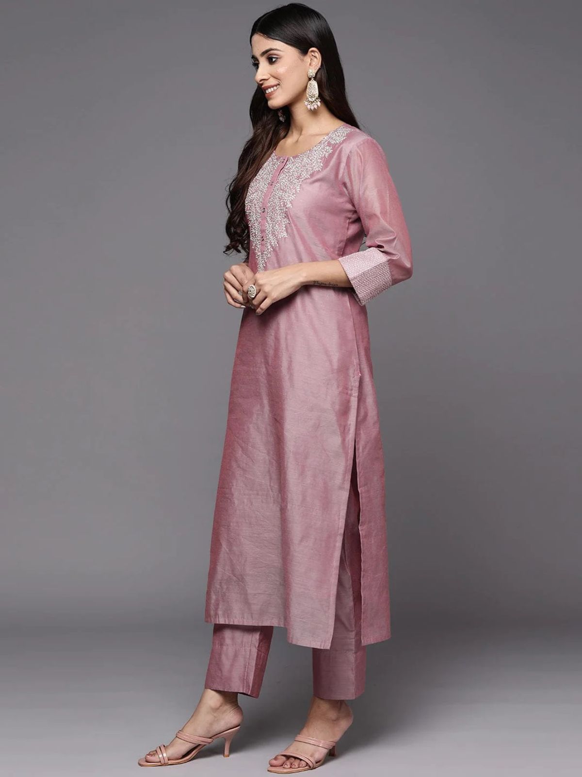 Odette Mauve Embroidered Poly Silk Stitched Kurta Set For Women