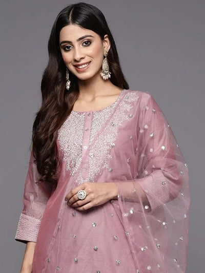 Odette Mauve Embroidered Poly Silk Stitched Kurta Set For Women