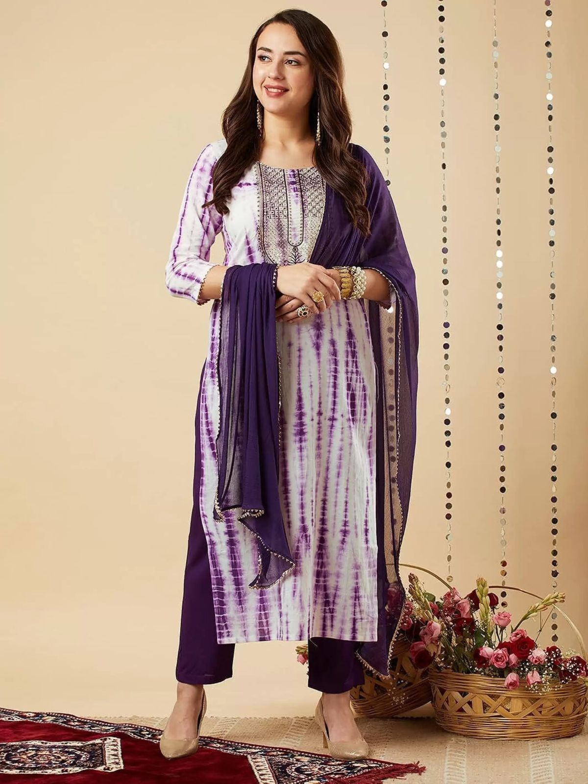 Odette Purple Printed Viscose Stitched Kurta Set For Women