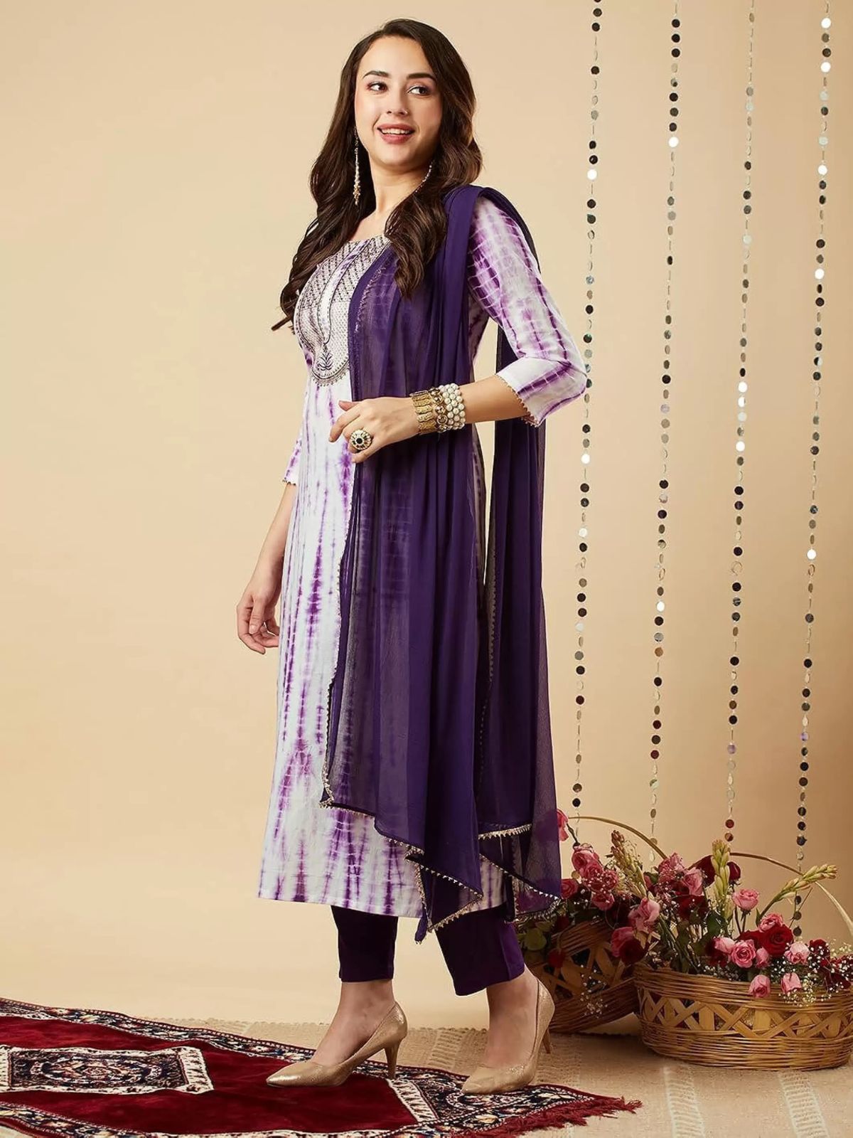 Odette Purple Printed Viscose Stitched Kurta Set For Women