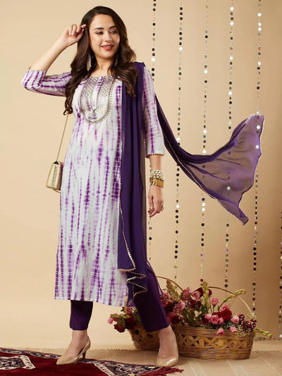 Odette Purple Printed Viscose Stitched Kurta Set For Women