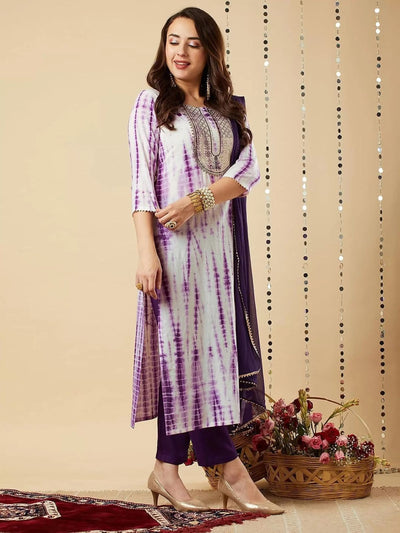 Odette Purple Printed Viscose Stitched Kurta Set For Women