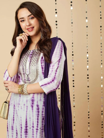 Odette Purple Printed Viscose Stitched Kurta Set For Women