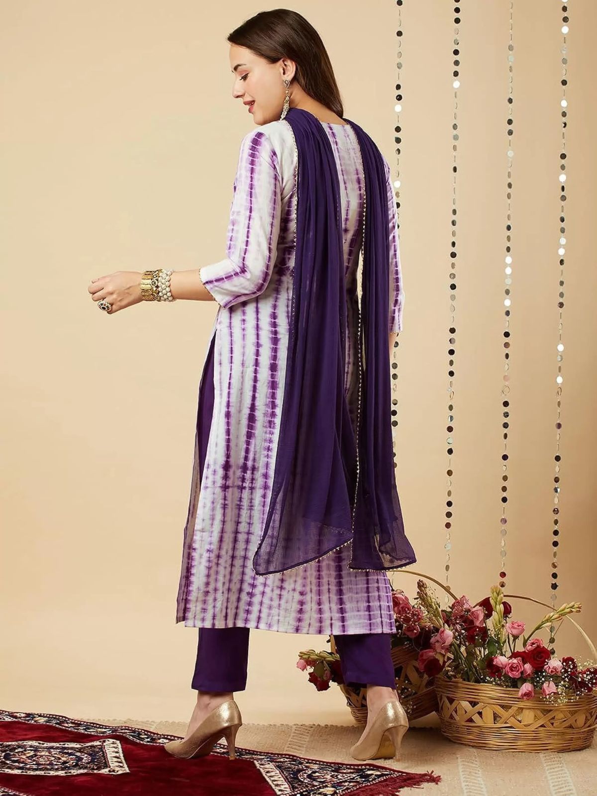 Odette Purple Printed Viscose Stitched Kurta Set For Women