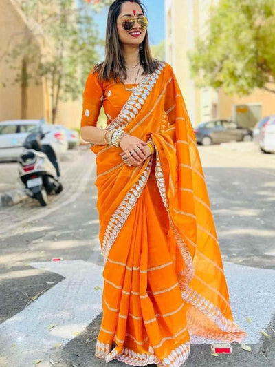 Odette Orange Embroidered Silk Blend Saree With Unstitched Blouse For Women