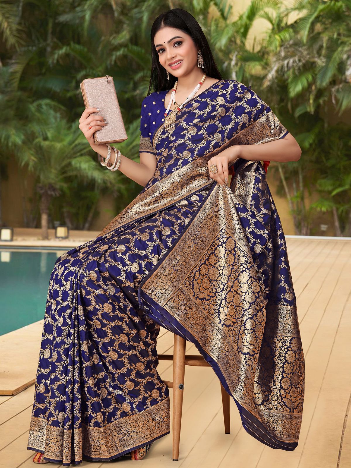 Odette Navy Blue Woven Banarasi Silk Saree With unstitched Blouse For Women