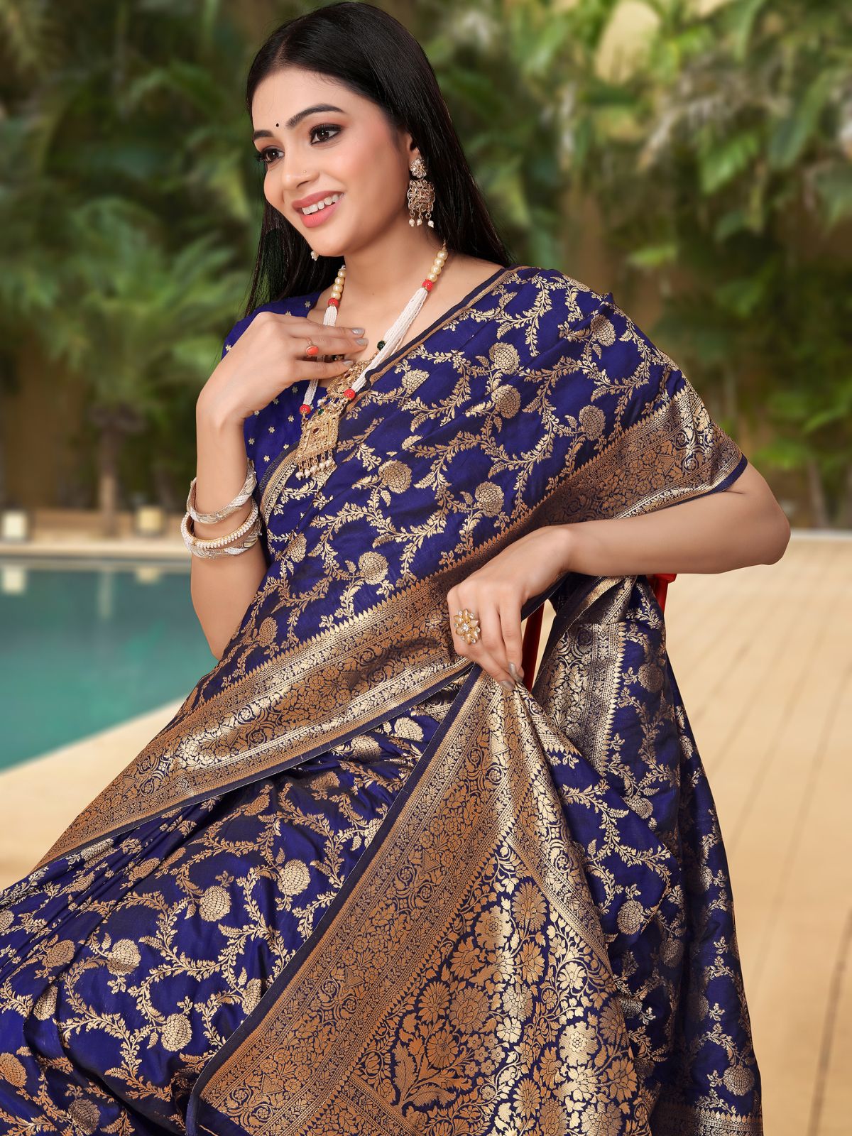 Odette Navy Blue Woven Banarasi Silk Saree With unstitched Blouse For Women