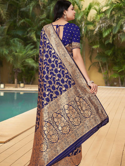 Odette Navy Blue Woven Banarasi Silk Saree With unstitched Blouse For Women