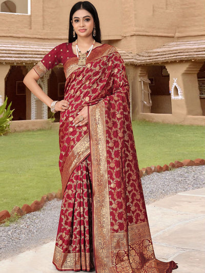 Odette Maroon Woven Banarasi Silk Saree With unstitched Blouse For Women