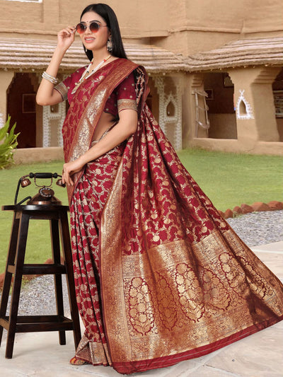 Odette Maroon Woven Banarasi Silk Saree With unstitched Blouse For Women