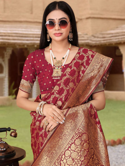 Odette Maroon Woven Banarasi Silk Saree With unstitched Blouse For Women