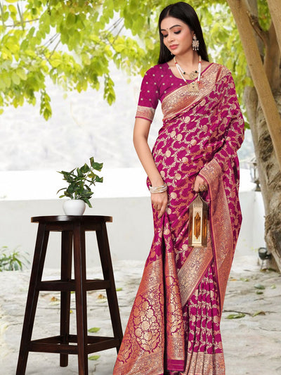 Odette Purple Woven Banarasi Silk Saree With Unstitched Blouse For Women