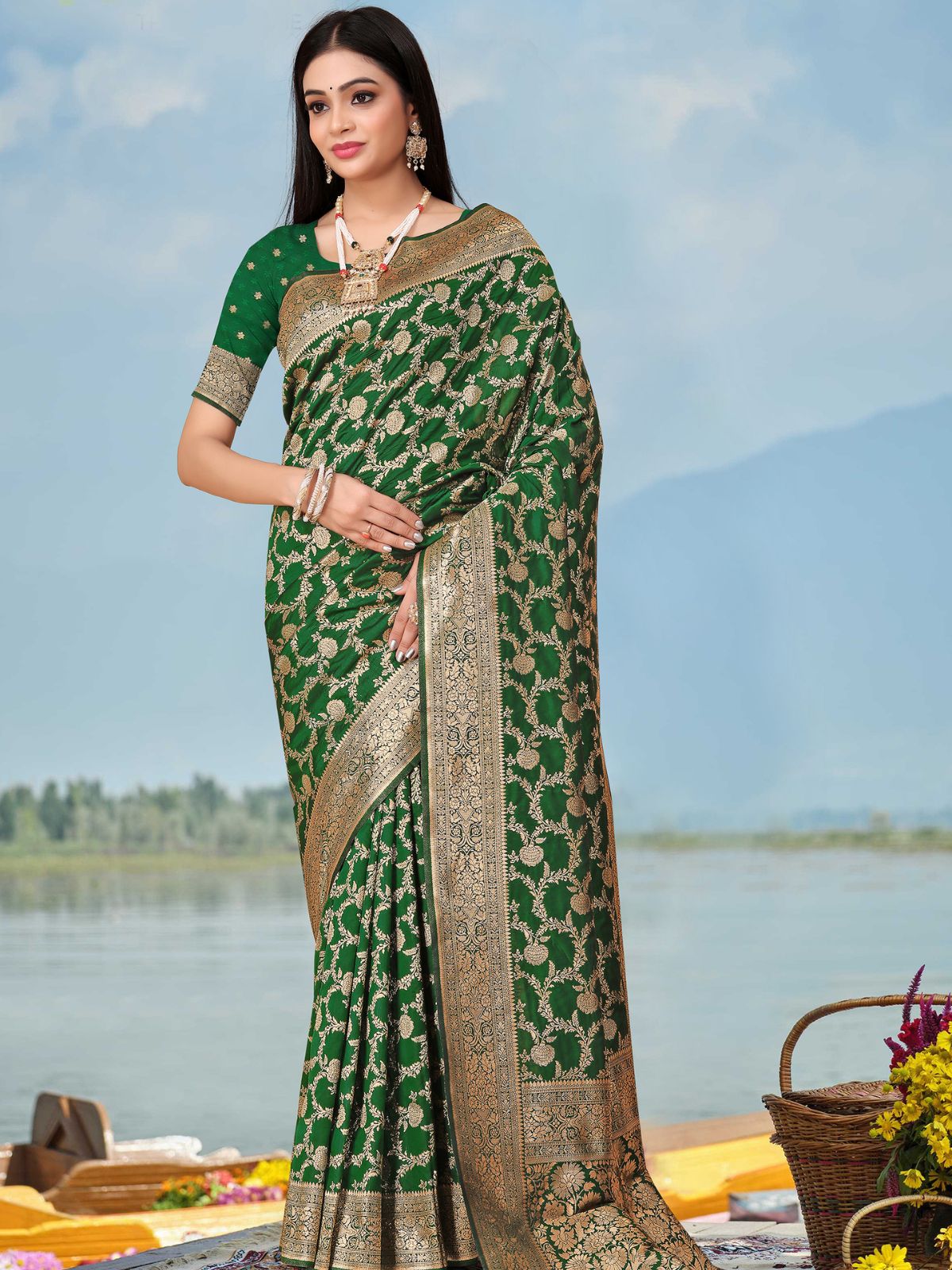 Odette Green Woven Banarasi Silk Saree With unstitched Blouse For Women