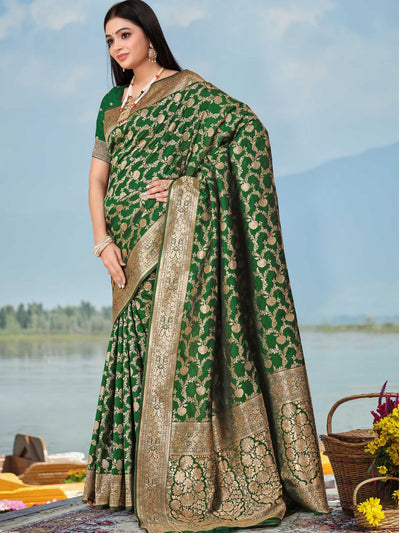 Odette Green Woven Banarasi Silk Saree With unstitched Blouse For Women