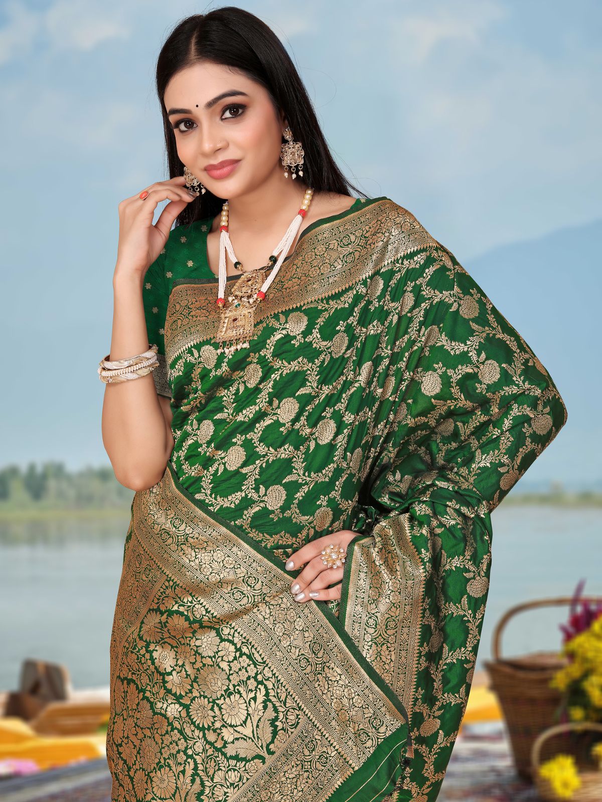 Odette Green Woven Banarasi Silk Saree With unstitched Blouse For Women