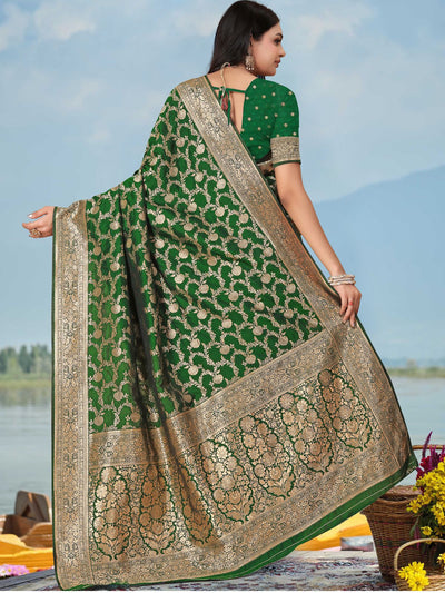 Odette Green Woven Banarasi Silk Saree With unstitched Blouse For Women