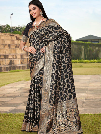 Odette Black Woven Banarasi Silk Saree With Unstitched Blouse For Women