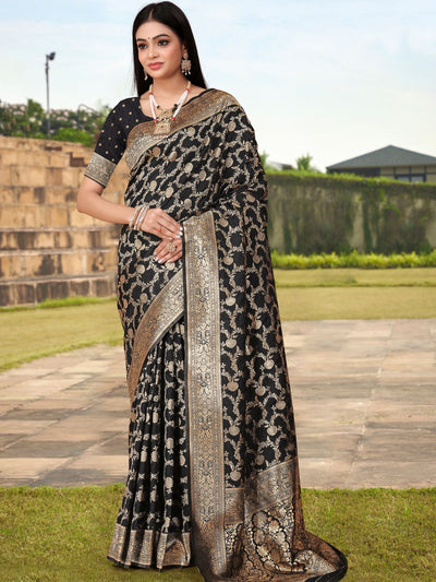 Odette Black Woven Banarasi Silk Saree With Unstitched Blouse For Women