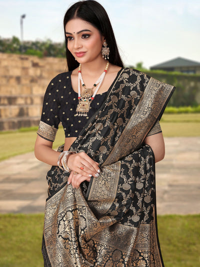 Odette Black Woven Banarasi Silk Saree With Unstitched Blouse For Women