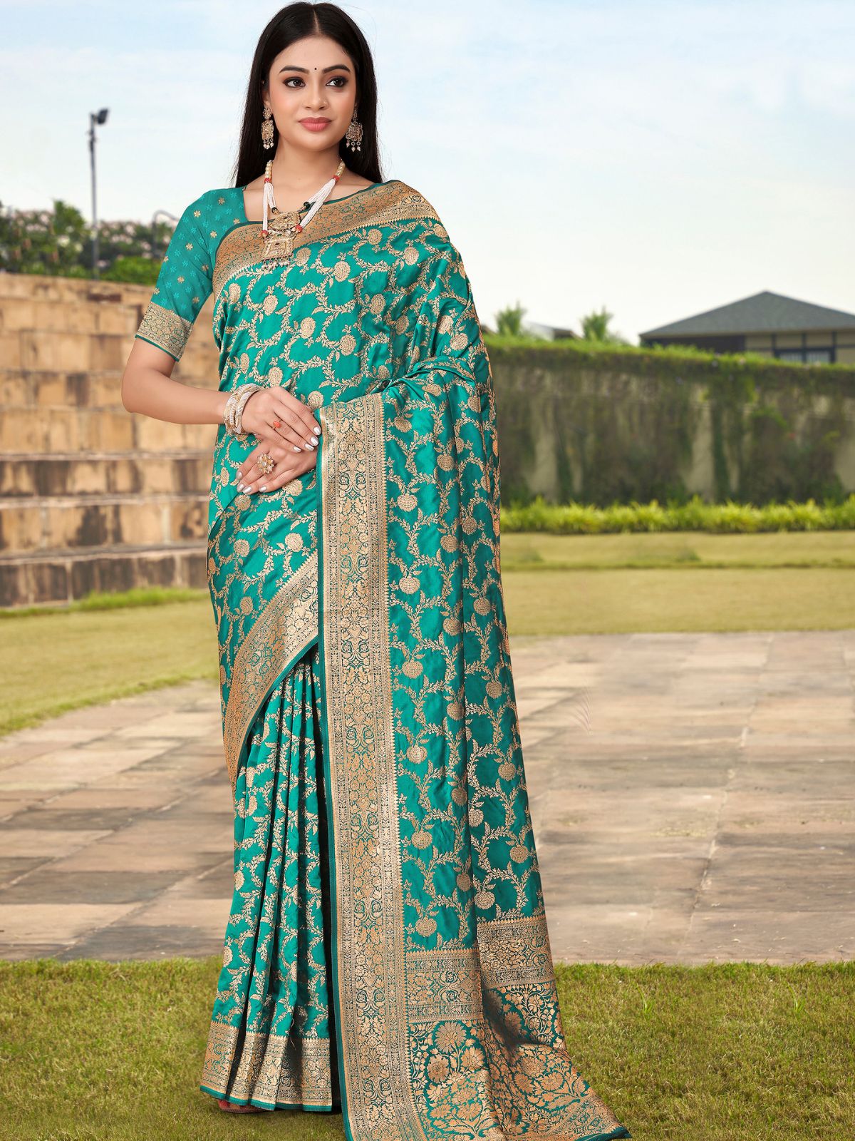 Odette Teal Woven Banarasi Silk Saree With Unstitched Blouse For Women