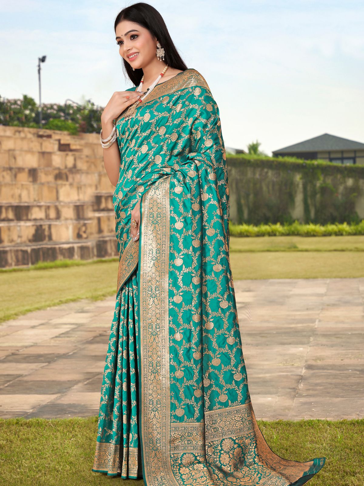 Odette Teal Woven Banarasi Silk Saree With Unstitched Blouse For Women