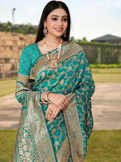 Odette Teal Woven Banarasi Silk Saree With Unstitched Blouse For Women