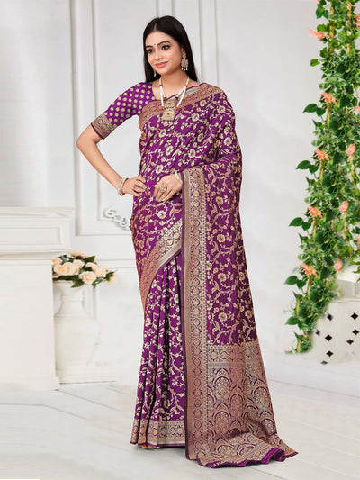 Odette Purple Woven Banarasi Silk Saree With Unstitched Blouse For Women