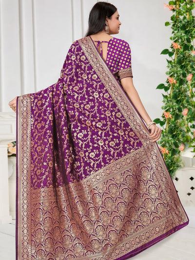 Odette Purple Woven Banarasi Silk Saree With Unstitched Blouse For Women