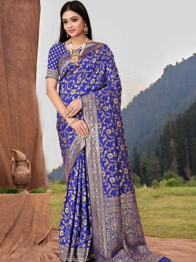 Odette Blue Woven Banarasi Silk Saree With Unstitched Blouse For Women