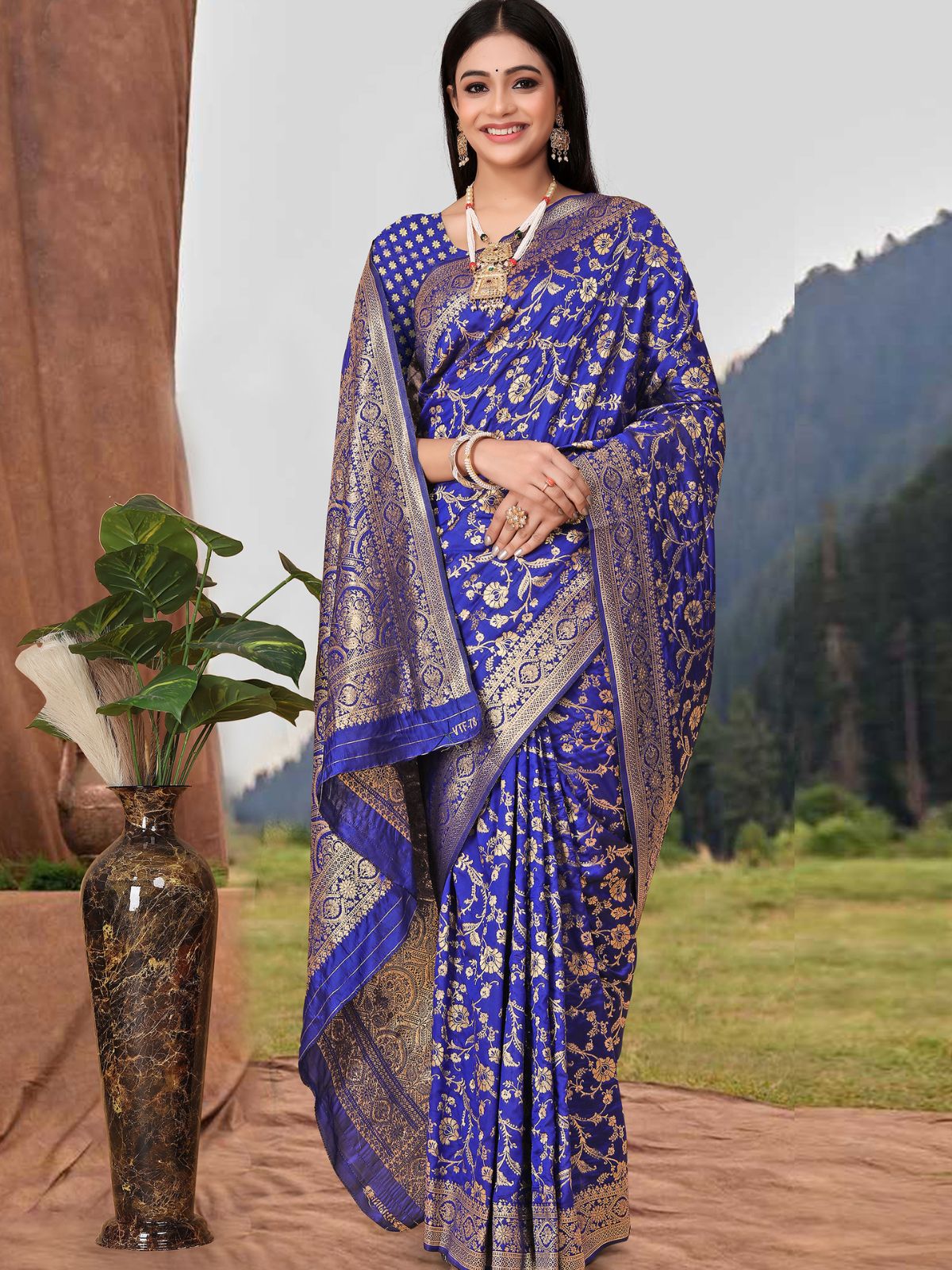 Odette Blue Woven Banarasi Silk Saree With Unstitched Blouse For Women