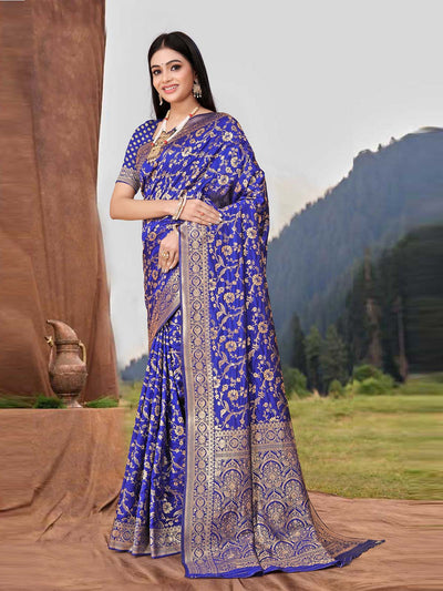 Odette Blue Woven Banarasi Silk Saree With Unstitched Blouse For Women