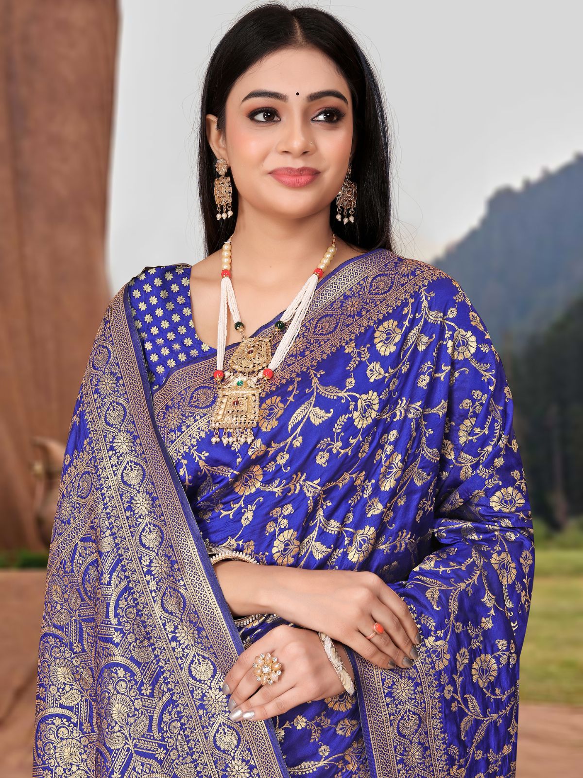 Odette Blue Woven Banarasi Silk Saree With Unstitched Blouse For Women