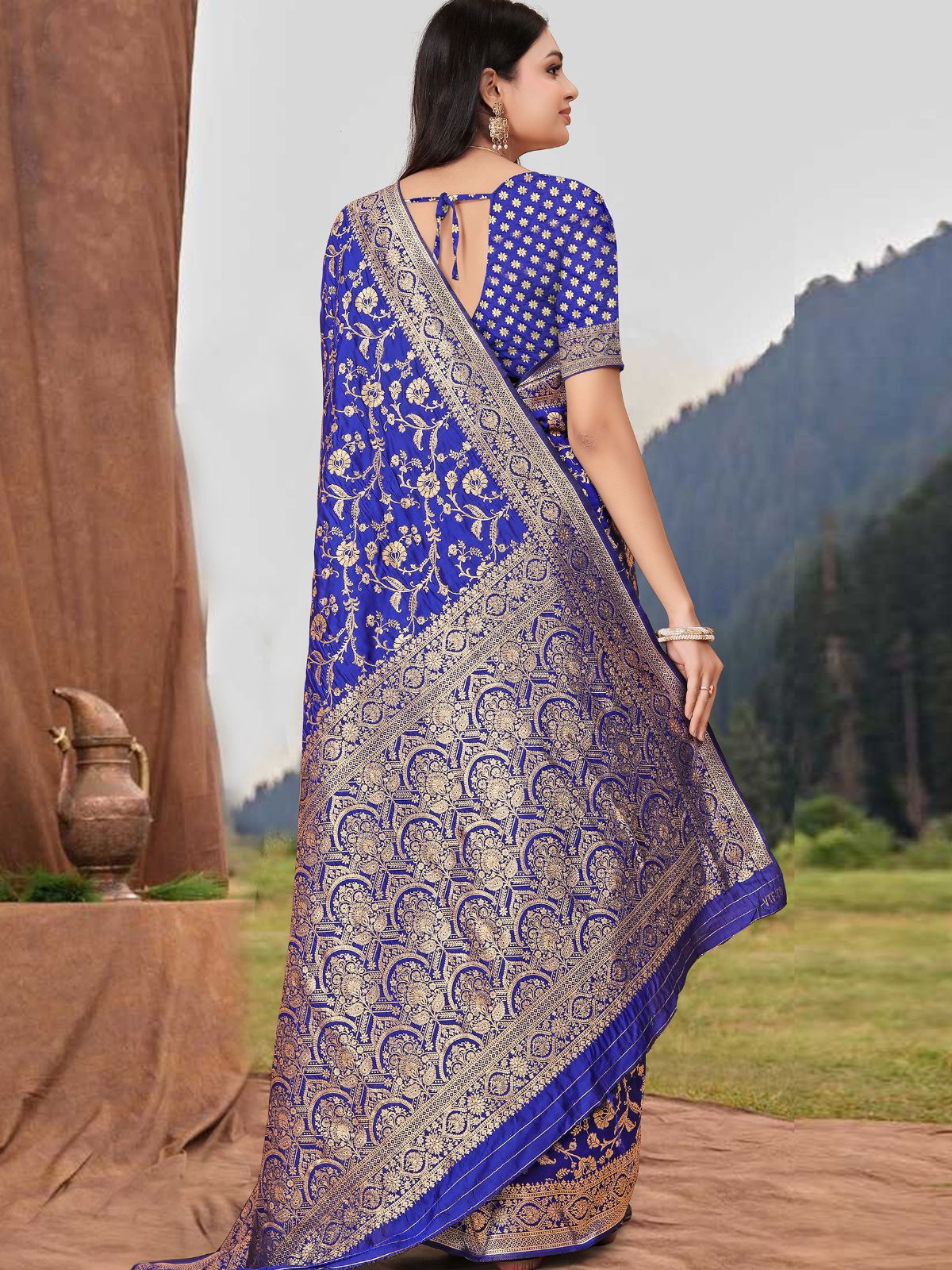 Odette Blue Woven Banarasi Silk Saree With Unstitched Blouse For Women