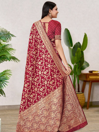 Odette Red Woven Banarasi Silk Saree With Unstitched Blouse For Women