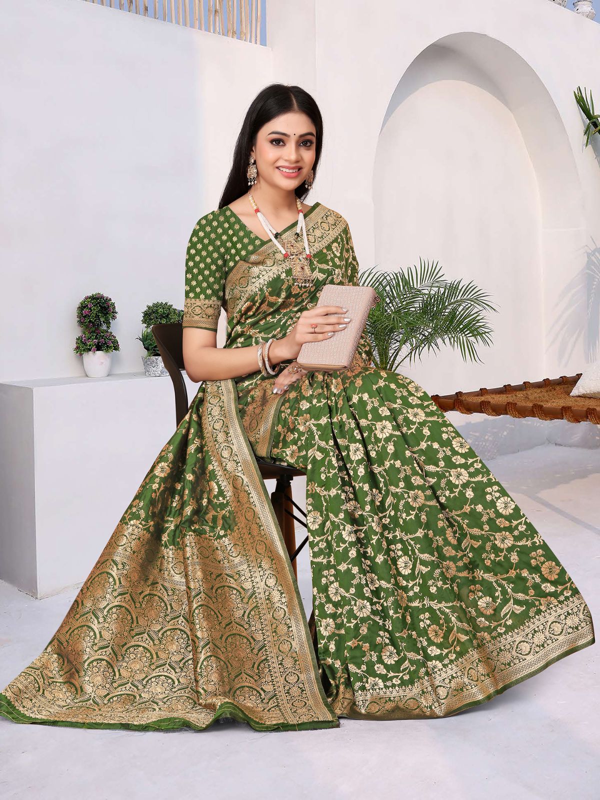 Odette Green Woven Banarasi Silk Saree With unstitched Blouse For Women