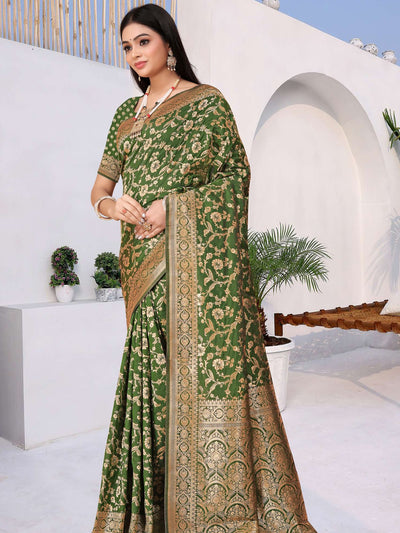 Odette Green Woven Banarasi Silk Saree With unstitched Blouse For Women